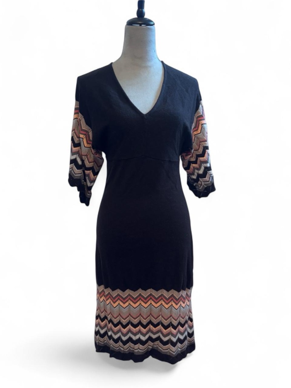 Lindex Black V-Neck Knit Dress with Chevron Accent Small